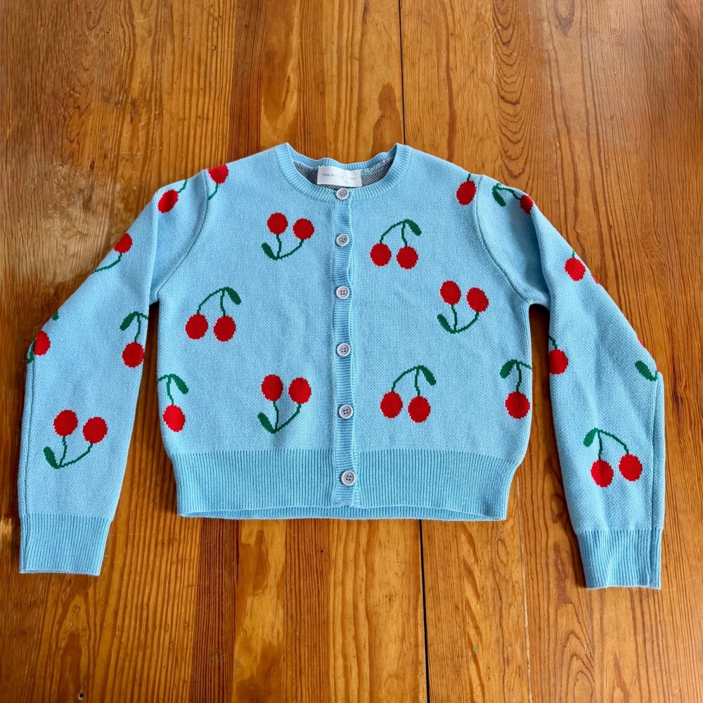 Cherry Print MacKenzie & Me Blue Knit Button‎ Front Cardigan